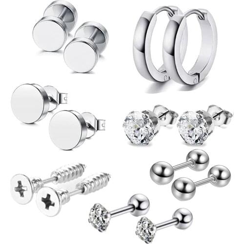 7 Pairs Men Earrings Set Surgical Steel Black Ear Studs Rings Cubic Zirconia Punk Tragus Cartilage Body Piercing Jewelry Gift