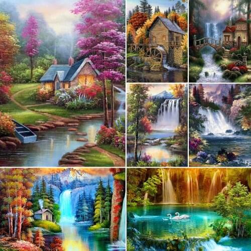 5D DIY Diamond Painting Waterfall Landscape Cross Stitch Kit Full Drill Embroidery Mosaic Art Picture of Rhinestones Decor Gift