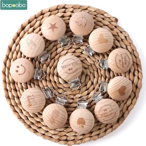 Bopoobo 10pcs Wooden Teether Wooden Baby Children Pacifier Holder Clip Infant Cute Printing Round Nipple Clasps For Baby Product