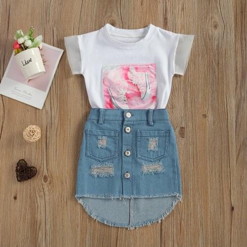 Infant Girl Summer Outwear Shoe Pattern Short Sleeve White T-shirt+Asymmetric Pocket Ripped Denim Skirt 2Pcs Fashion Suits