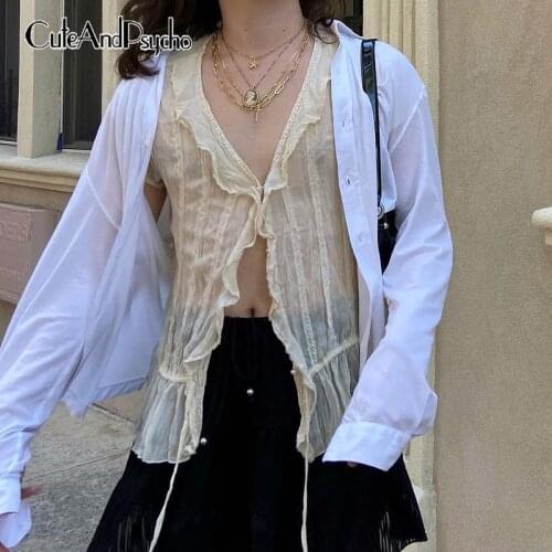 Lace Patchwork Mesh Y2K Tshirts Short Sleeves Sexy Summer Tops Tee Korean Fashion Vintage Aesthetic 90s Shirt 2021 Cuteandpsycho