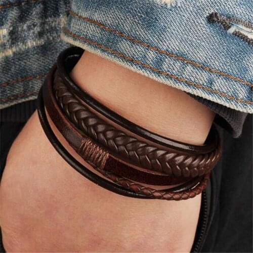 Mens Genuine Leather Bracelet 2020 Luxury Classic Bracelet Jewelry Multilayer Magnet Handmade Gifts for Cool Boys