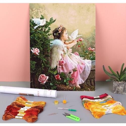 Angel Girl Boy Flowers Printed 11CT Cross Stitch Set DIY Embroidery DMC Threads Knitting Sewing Needlework Painting Counted