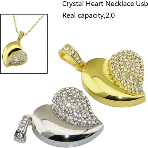 New Fashion Real Capacity Jewelry Crystal Necklace Heart 8G 16GB 32GB Pen Drive Pendrive USB Flash Drive External Memory Storage