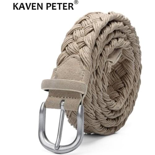 Men Suede Leather Knitted Belt With Wax Rope Braided Strap Antique Silver Buckle Without Holes Cotton Weave Handwork Belts Beige