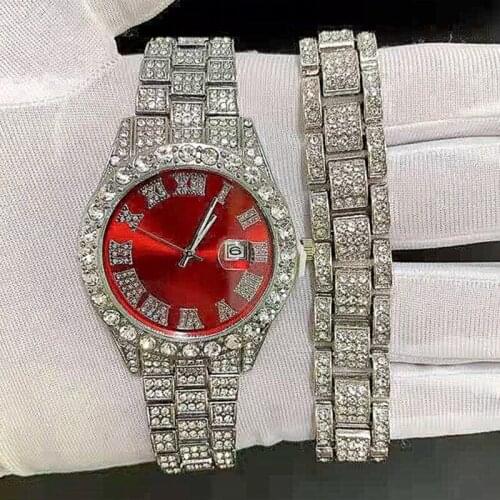 Luxury Watch for Men Iced Out Watch Bracelet Cuban Chain Rhinestone Red Dial Mens Watch Set Jewelry Set Clock Religio Masculino
