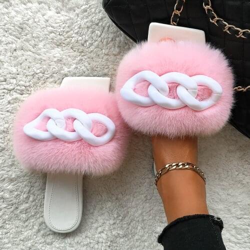 Women Flip Flops Summer Slippers Ladies Square Toe Sandals Chain Faux Fur Slides Beach Casual Shoes House Slippers Slip On Flats