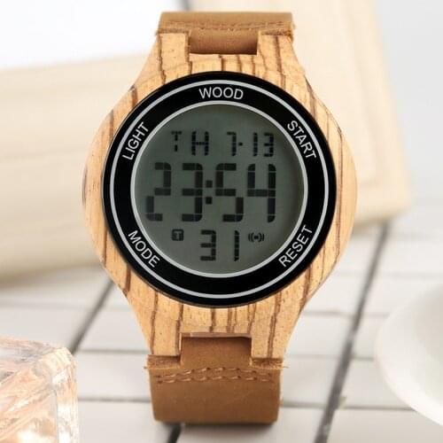 Night Vision LED Digital Watches Mens Natural Wood Watch Men Handmade Wooden Leather Male Electronic Wristwatches reloj hombre