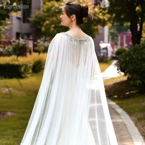 TOPQUEEN G47 Jacket for Wedding Dress Long Shrugs for Women Outerwear Bolero Women Party Off White Wedding Cape Shawl