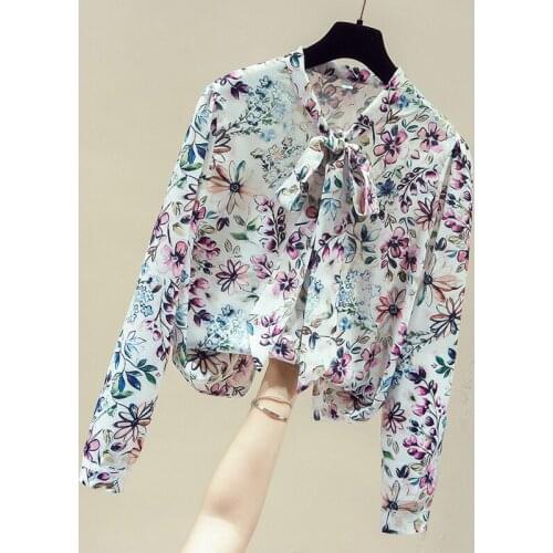 Autumn Bow V-Neck Print Chiffon Blouse Shirt Blouse Women Blusas Mujer De Moda 2021 Long Sleeve Blouse Tops Women Blusa D789