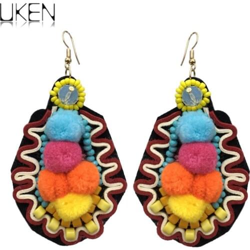 UKEN Ethnic Jewelry Bohemia Big Earrings Crystal Beads Handmade Pom Pom Dangle Statement Drop Earrings For Women Geometric