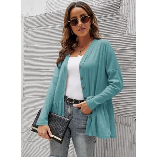 Women Spring Autumn SWeater Solid Color Coat Single-Breasted Ruffles Cardigan Long Sleeve Loose Top Womens Clothing2021 Casual