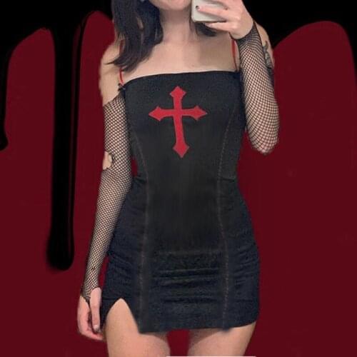 InsDoit Gothic Sexy Summer Dress Women Harajuku Bandage Elegant Black High Waist Dress Cross Embroidery Sleeveless Mini Dresses