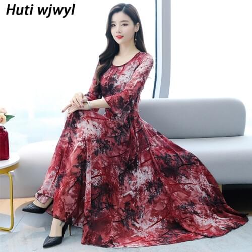 2021 Spring Boho Red Print Chiffon Beach Maxi Dresses Vintage Plus Size Midi Sundress Women Elegant Bodycon Party Long Vestidos
