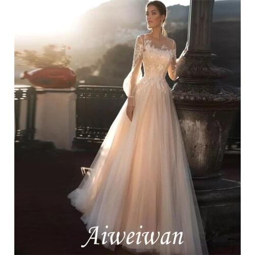 A-Line Jewel Neck Sweep/Brush Train Lace Tulle Long Sleeve Sexy Wedding Dress in Color See-Through with Embroidery Appliques2021