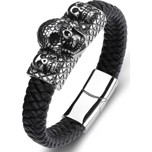 Retro Punk Jewelry Braided Leather Bracelet for Men Three Skulls Bangles Stainless Steel Magnet Clasp Male Trendy Wristband P148