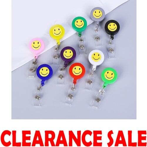 Smiley Face Easy Pull Button ID Department Brand Name Badge Holder Rolling Key Ring Chain Clip School Student Office Badge Reel
