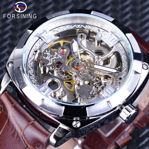 Forsining New Silver Skeleton Clock Brown Genuine Leather Water Resistant Automatic Self-winding Watches for Men relojes hombre