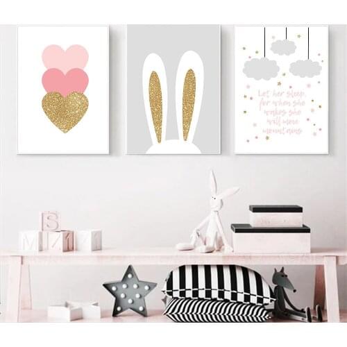Baby Rabbits Ears Heart Star Cloud Wall Art Poster And Print Nursery Canvas Painting Nordic Pictures For Kids Girls Room Decor