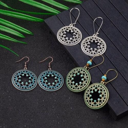 DOUVEI Vintage Carved Bohemia Round Circle Womens Earrings Charm Ethnic Hollow Dangle Earrings Jewelry Oorbellen HQE1037
