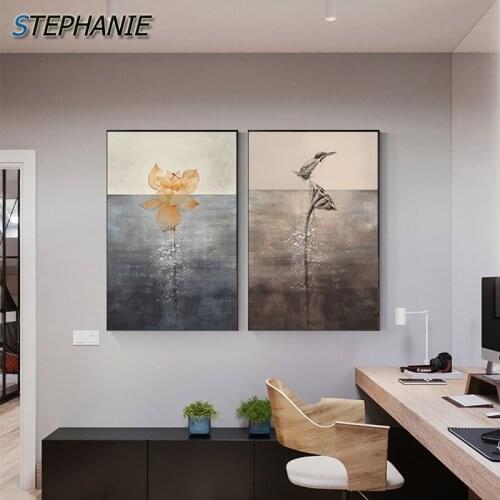 Classic Gray Black Wall Paintings Abstract Birds Lotus Canvas Painting Nordic Landscape Poster Print Still Life Wall Art Picture