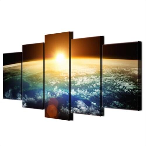 Sunrise on Earth Horizon With global village Canvas Print Art Painting For Living Room Wall Home Decoration 5 Pieces Picture