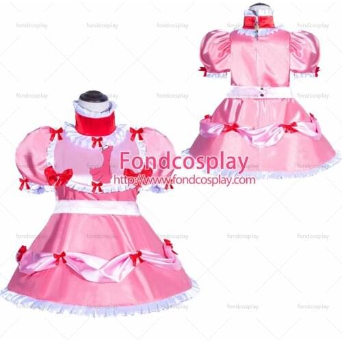 Fondcosplay adult sexy cross dressing sissy maid short French Lockable Pink Satin Dress Uniform Costume Tailor-made[G3998]