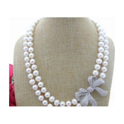 Beautiful New 9-10MM Freshwater White Pearl Rhinestone Necklace 18"
