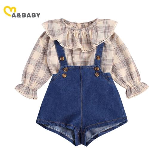 Ma&Baby 0-24M Spring Autumn Vintage Toddler Newborn Infant Baby Girl Clothes Set Ruffles Long Sleeve Top Denim Overalls Outfits