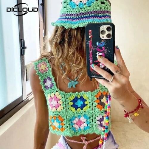 Cute Sweet Girls Crochet Tank Top Women Hot Fashion Summer Floral Beach Tops Harajuku Ethnic Clothing Knit Hollow Out Tank Vest
