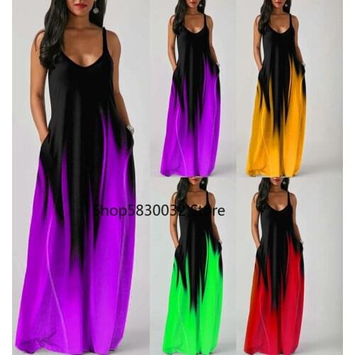 Fashion High Quality Womens Dress Women Casual Plus Size Tie dye Gradient OF neck Pockets Sleeveless Maxi Long Dress