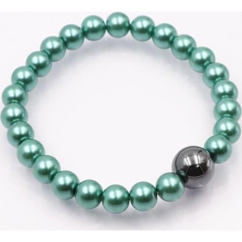 Trendy Charms Simulated Pearl Bracelet for Women 8mm Round Glass Pearls Beads Hematite Stone Bracelets Bangle Jewelry 7.5"A672