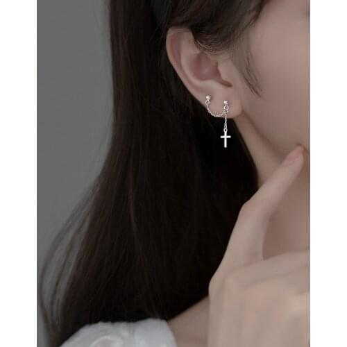 Real 925 Sterling Silver Cross Drop Earrings Double Pierced Beads Simple Earring Hypoallergenic Jewelry for Women
