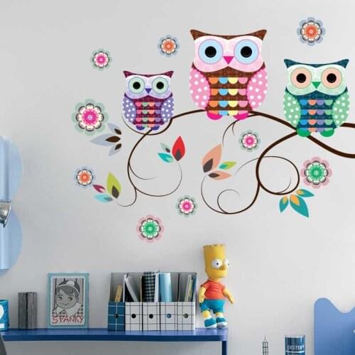 New Colorful Owls on the Tree Branches Wall Stickers for Kids Room Living Room Bedroom Waterproof Removable Art Decal Stickers