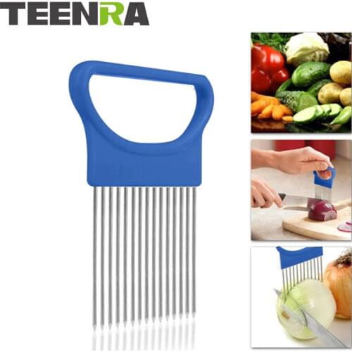 TEENRA 1Pcs Plastic Onion Holder Slicer Easy Cut Onion Holder Fork Stainless Vegetable Cutter Meat Needle Fork Tomato Holder