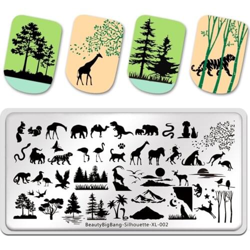 Beautybigbang Nail Stamping Plates Silhouette XL-002 Animal Tree Image Snake Dinosaur 6*12cm Stamp Template For Nail Art Print