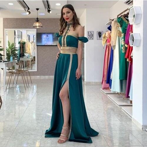 Eightale Sexy Evening Dress Two Pieces Gold Green Beaded Dubai Cap Sleeves Arabic Side Split Floor Length Prom Party Dress