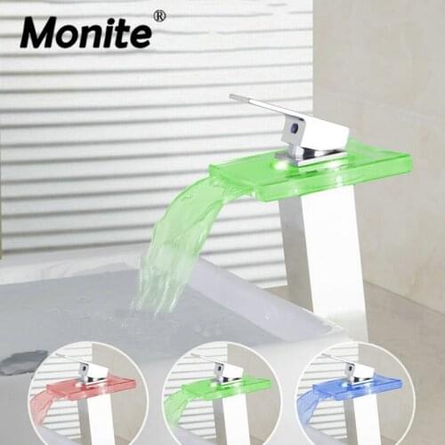 LED Light Waterfall Bathroom Glass Chrome Tall 3 Colors Square Deck Mounted Sink Basin Faucet TorneiraFaucets,Mixer Taps
