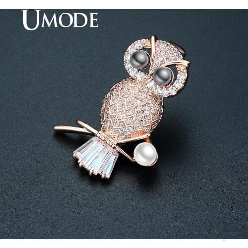 UMODE Vintage Pearl Owl Brooches for Women Rose Gold Color Pearl Pins Suit Accessories Fashion Wedding Jewelry Party UX0014C