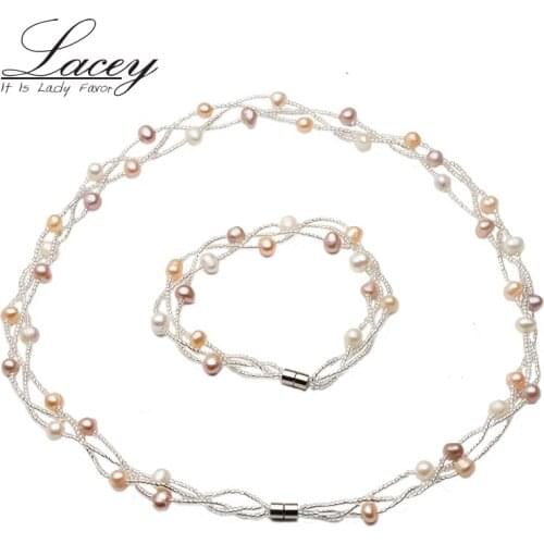 Natural Multi Color Pearl Jewelry Sets,Handmade Real Pearl Jewelry Sets Wedding Gift Fashion Bracelet Necklace For Women