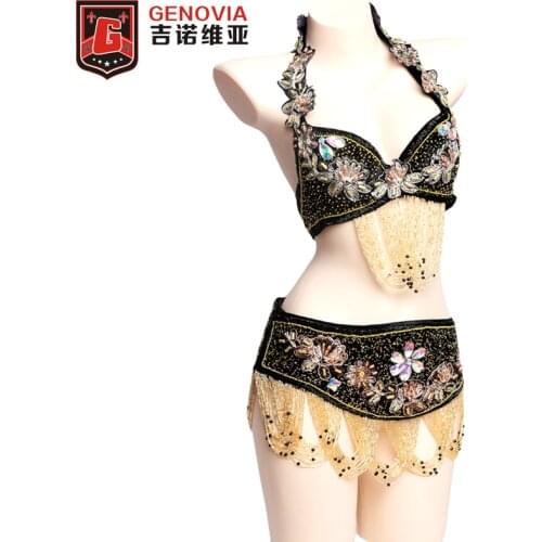 2018 Womens Oriental Belly Dance Costumes 2PC set beaded belly dancing wear bra&belt suit 34B/C 36B/C 38B/C 8 Colors