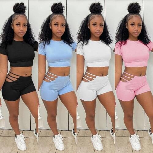 Casual Two Piece Set Women Short Sleeve Crop Top And Hollow Out High Waist Shorts For Women Summer Streetwear Outfits