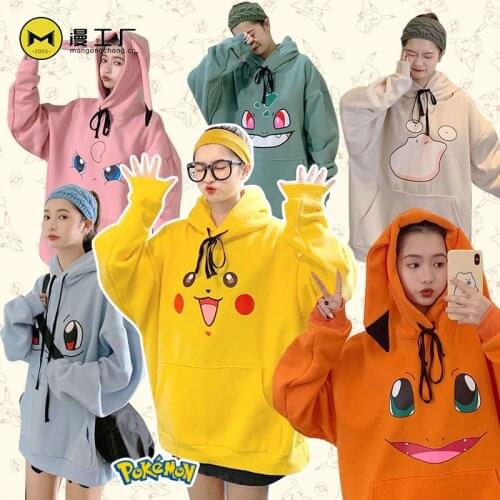 TAKARA TOMY Pokemon Pikachu Women Sweater Hoodie Jacket Loose Plus Velvet Charmander Bulbasaur Pokemon Pattern Ladies Sweatshirt