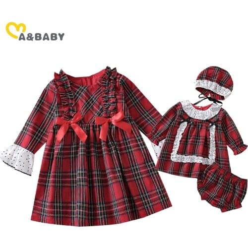 Ma&Baby 1-6Y Christmas Girls Red Dress Long Sleeve Bow Lace Ruffles Plaid Dresses For Party New Year Xmas Costume
