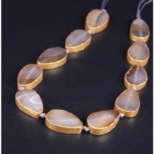 11pcs Natural Grey Agates Flat Teardrop Loose Beads,Gold Edged Onxy Gems Stone Slab Pendants Necklace For DIY Jewelry Crafts