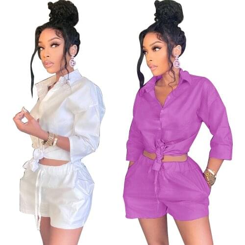 2021 Summer Shirt Tracksuit Solid Turndown Collar V-Neck Three-Quater Sleeve Shirt and Shorts Street Clothing Suits 2 Piece Set