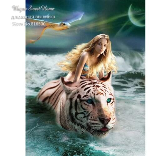 Diy Diamond Embroidery Beauty Girl And Tiger Diamond Painting 5D Cross Stitch Square Pattern Rhinestones Home Decoration