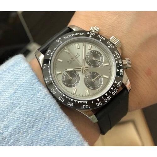 Sapphire Crystal 39mm PARNIS Japanese quartz movement mens watch Multi-function Grey dial ceramic bezel quartz watches p102-8