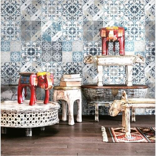 Geometric Vintage Grid 3D Wallpaper Wall Stickers PVC Waterproof Printed Retro Wallpaper Tiles Living Room Decor Decals Paper