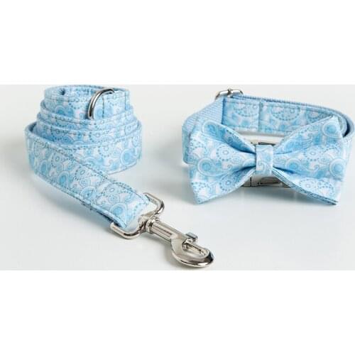Cute Sky Blue Printing Pattern Small And Large Dog Collar And Leash Set Adjustable Zinc Alloy Release Buckle Pet Collar 5 Sizes